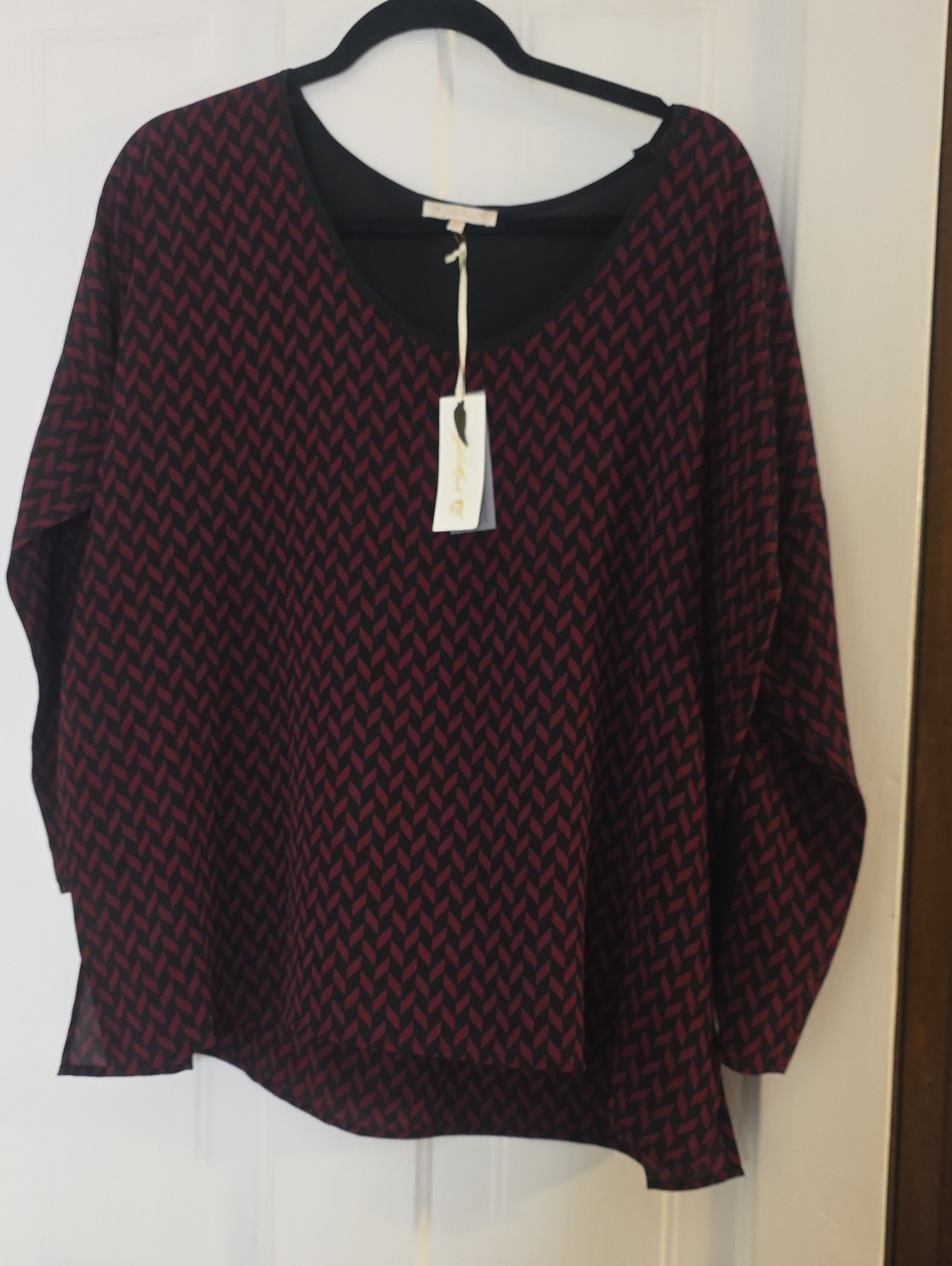 100 % Silk Scoop Neck Tunic in Burgundy & Black Geometric Print